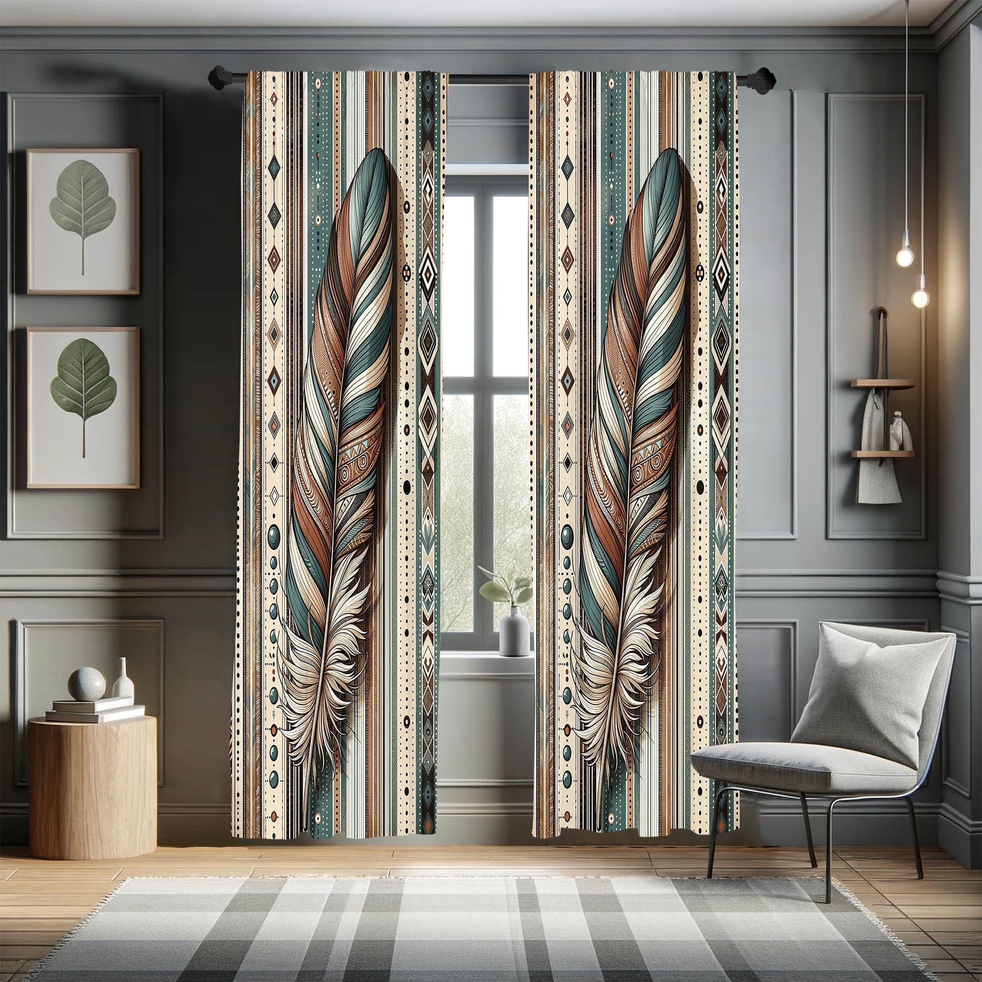 Bohemian Feather Print Blue Beige Microfiber Curtain Set