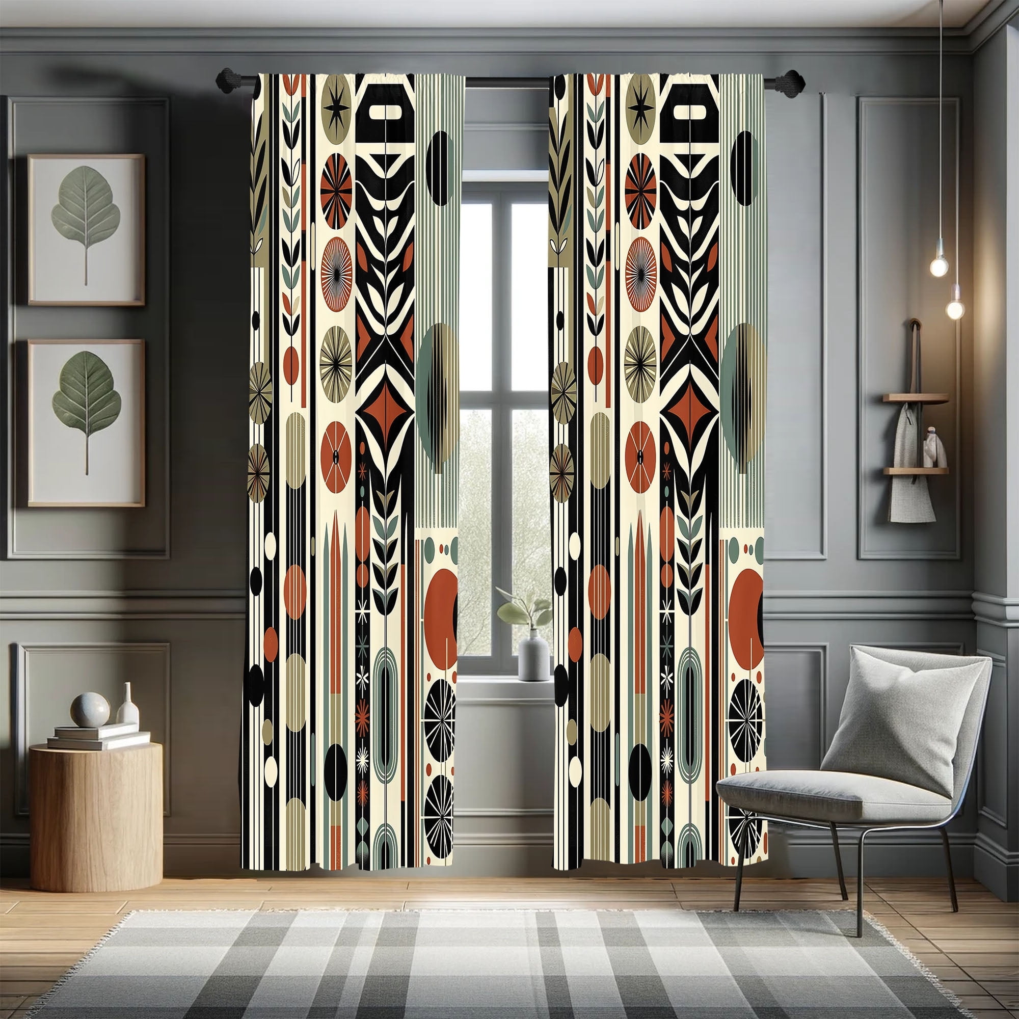 Mid Century Modern Geometric Gray and Cinnamon Curtains, 28" x 95"