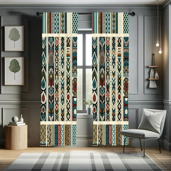 Ambesonne Bohemian Curtains 2 Panel Set, Modern Ethnic Themed Art, Pair of - 28" x 95", Petrol Blue Paprika and Ivory