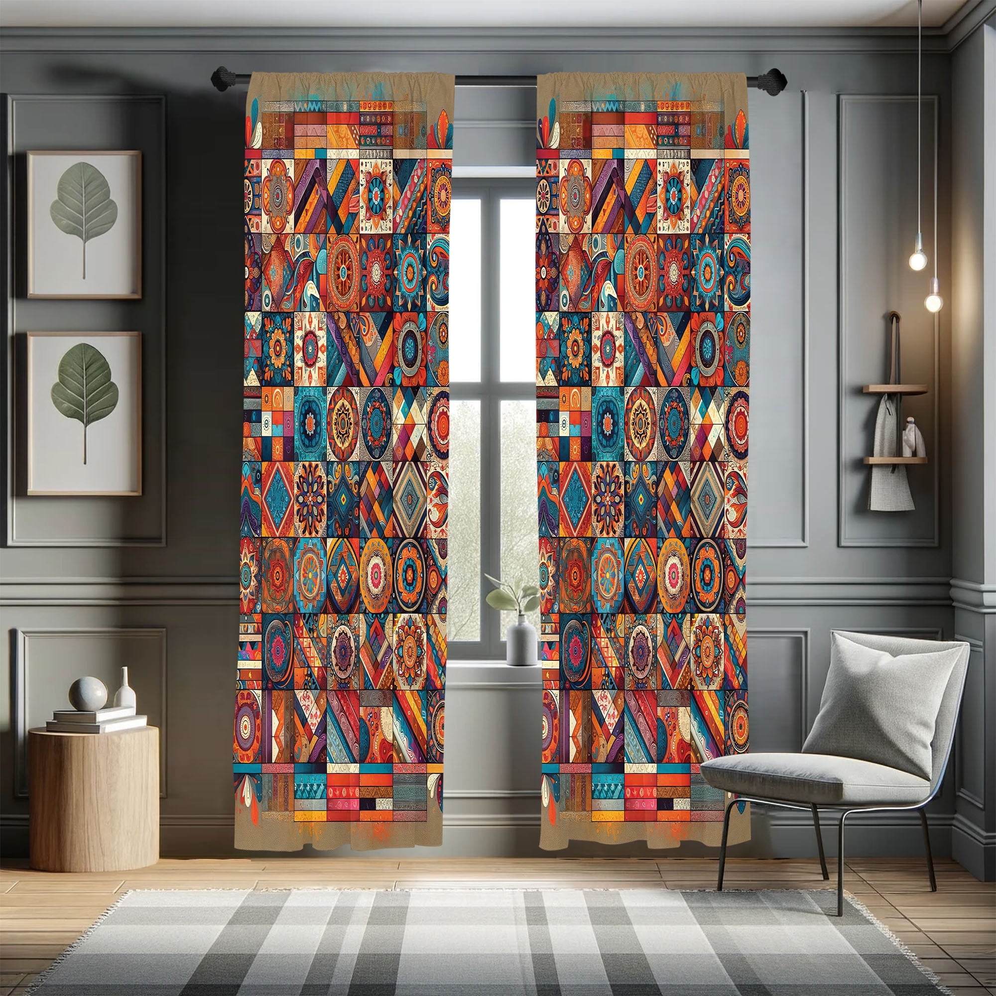 Bohemian Patchwork Mandala Blue and Cinnamon Curtains, 28" x 63"