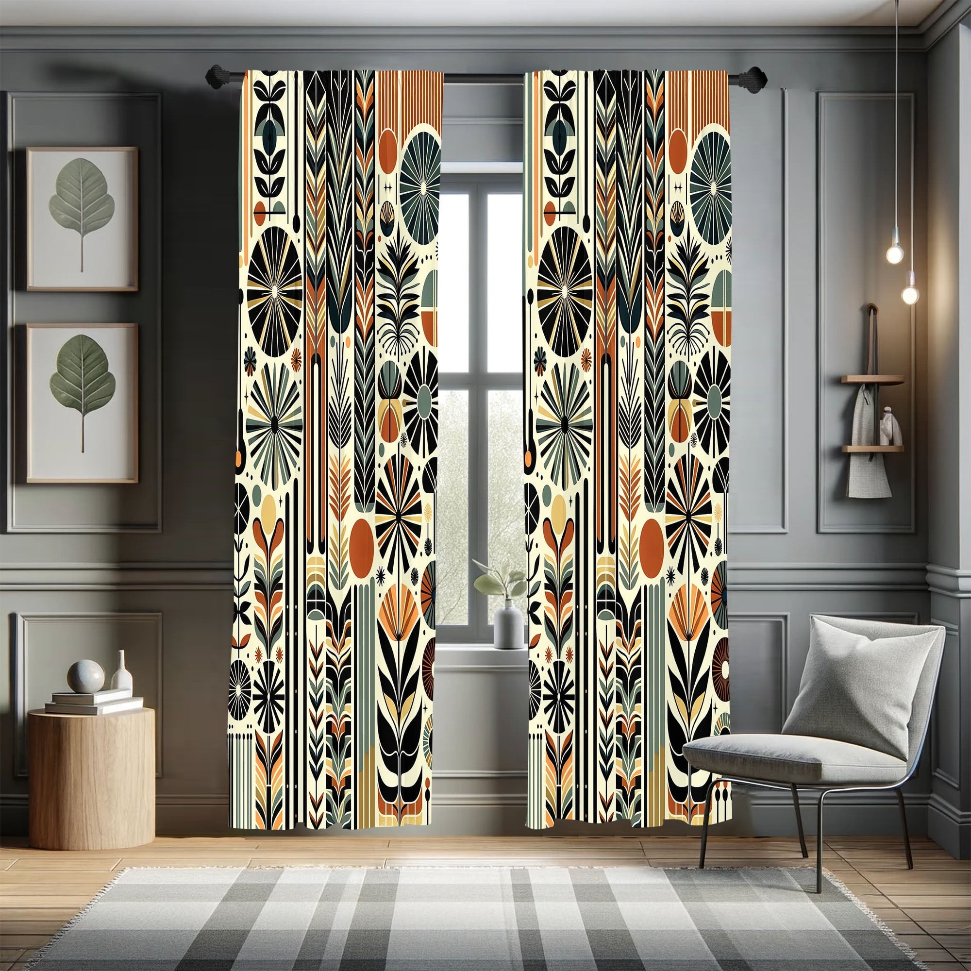 Modern Abstract Floral Gray and Cinnamon Curtain Panels 28" x 95"