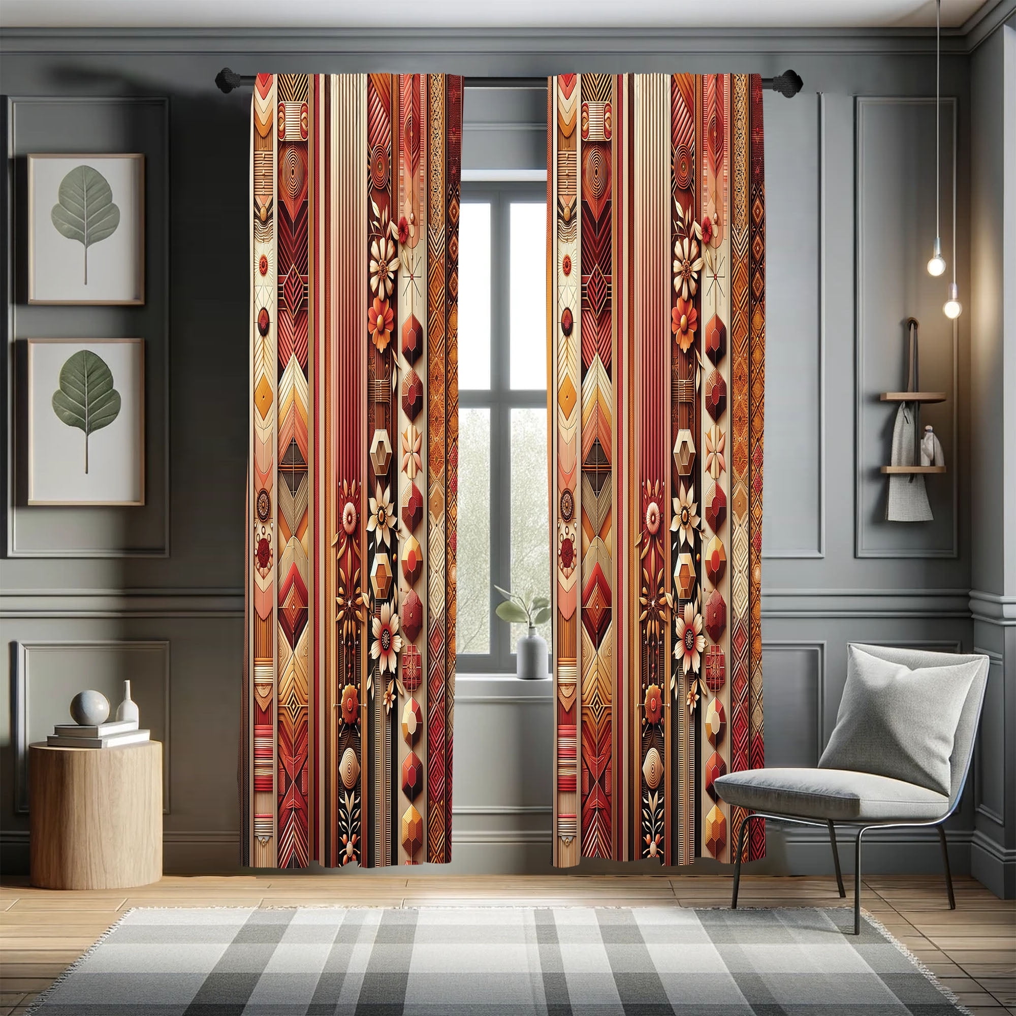 Bohemian Geometric Floral Blue Microfiber Room-Darkening Curtains, 28" x 84", Set of 2