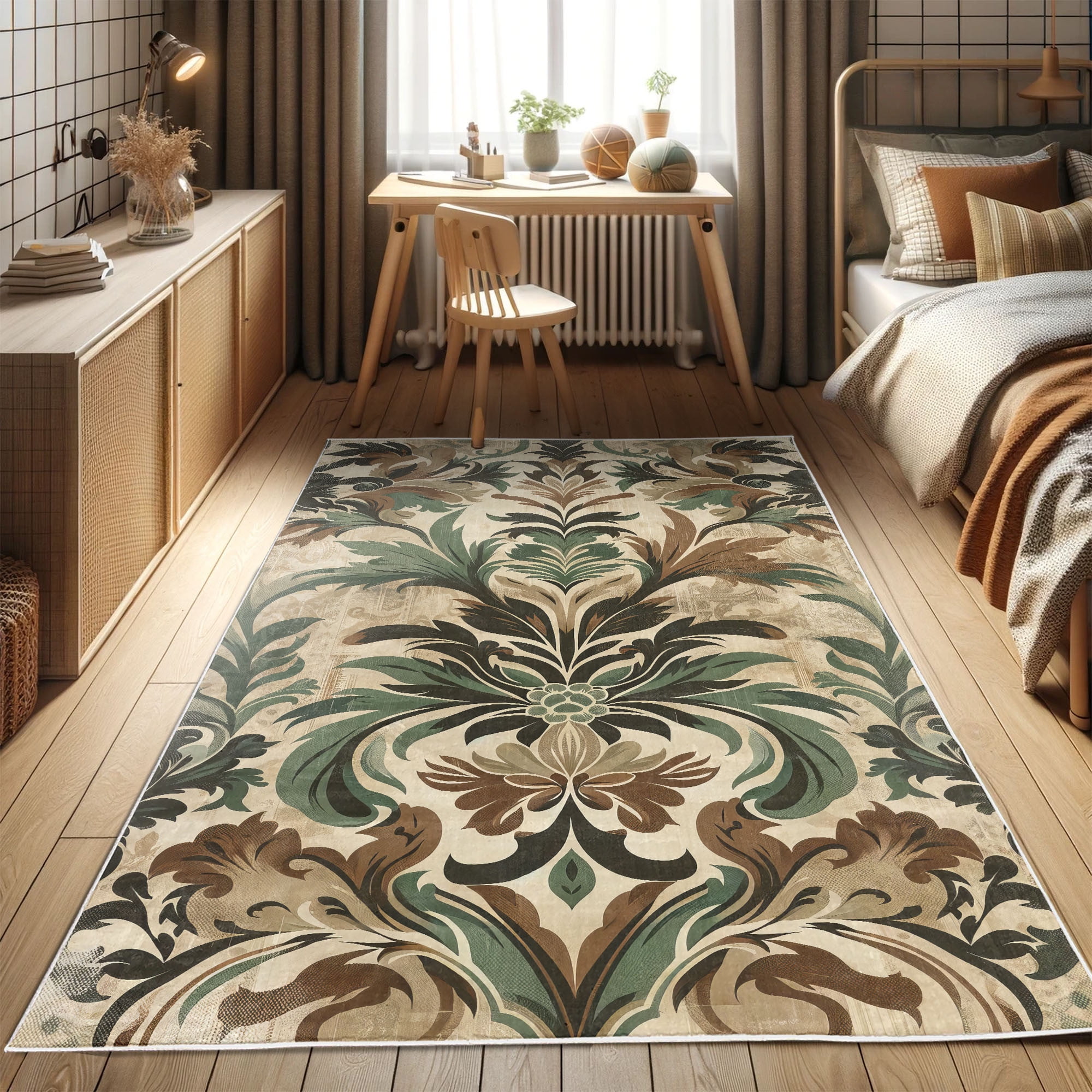 Bohemian Leafy Damask Beige and Green Synthetic Area Rug
