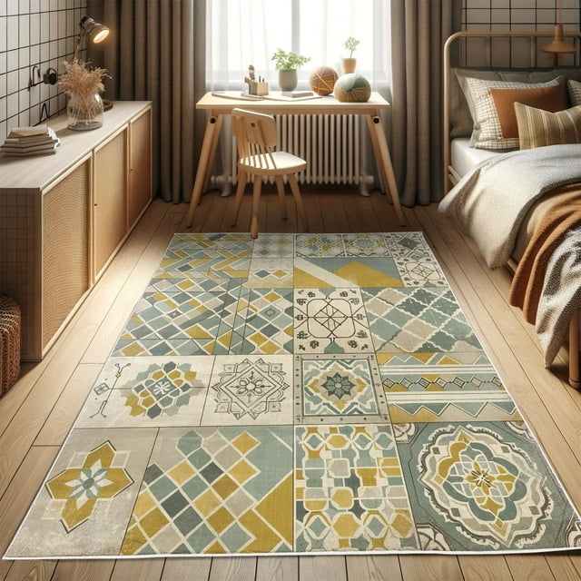 Ambesonne Bohemian Decorative Rug Carpet, Ethnic Mosaic Look Designs, 2' 2" x 3' 7", Dark Yellow Pale Teal