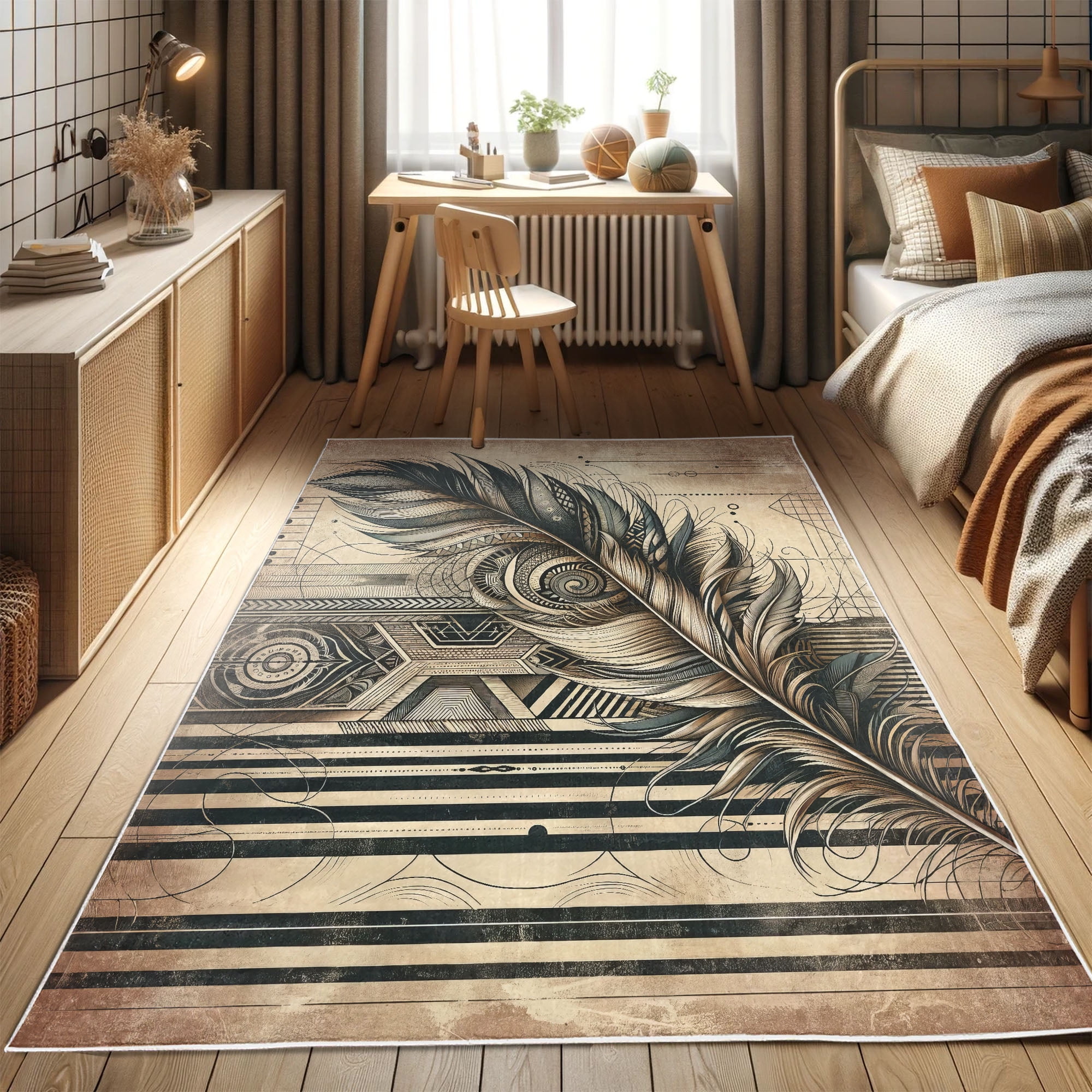 Bohemian Feather Design Blue and Beige Synthetic Area Rug