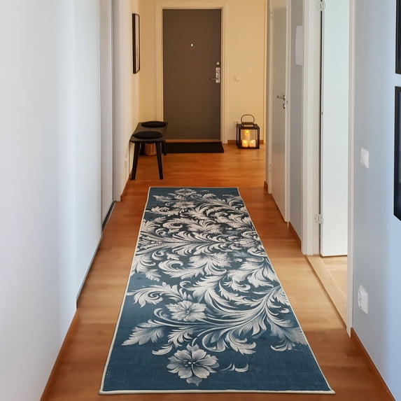 Ambesonne Bohemian Decorative Rug Carpet, Grunge Floral Oriental Art, 2' 5" x 7' 5", Slate Blue Pale Tan