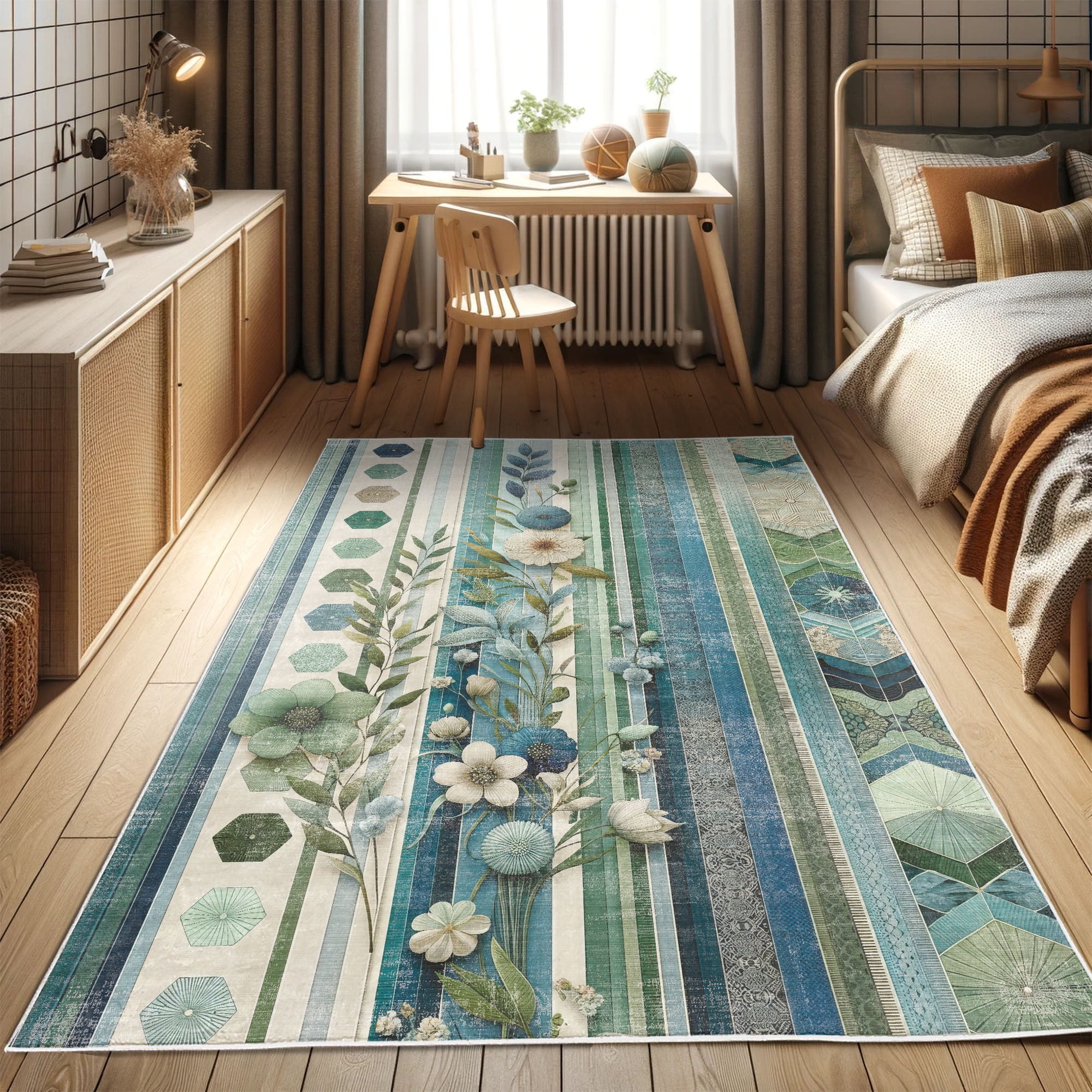 Teal Blue and Green Floral Synthetic Area Rug 2'3" x 3'9"