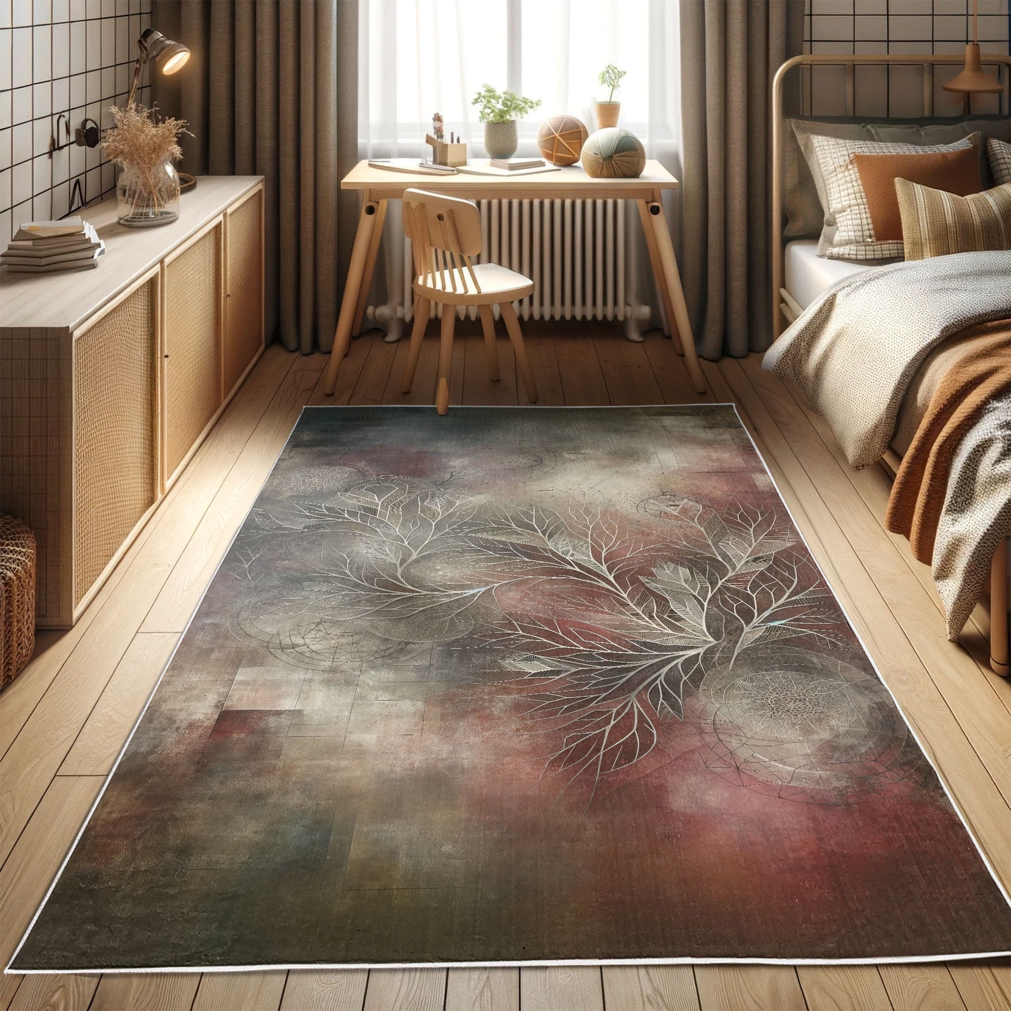 Gray and Ruby Bohemian Synthetic Rectangular Area Rug
