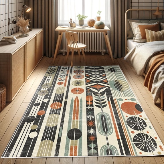 Ambesonne Bohemian Decorative Rug Carpet, Mid Century Modern Shapes, 2' x 5', Olive Green Rust Ivory