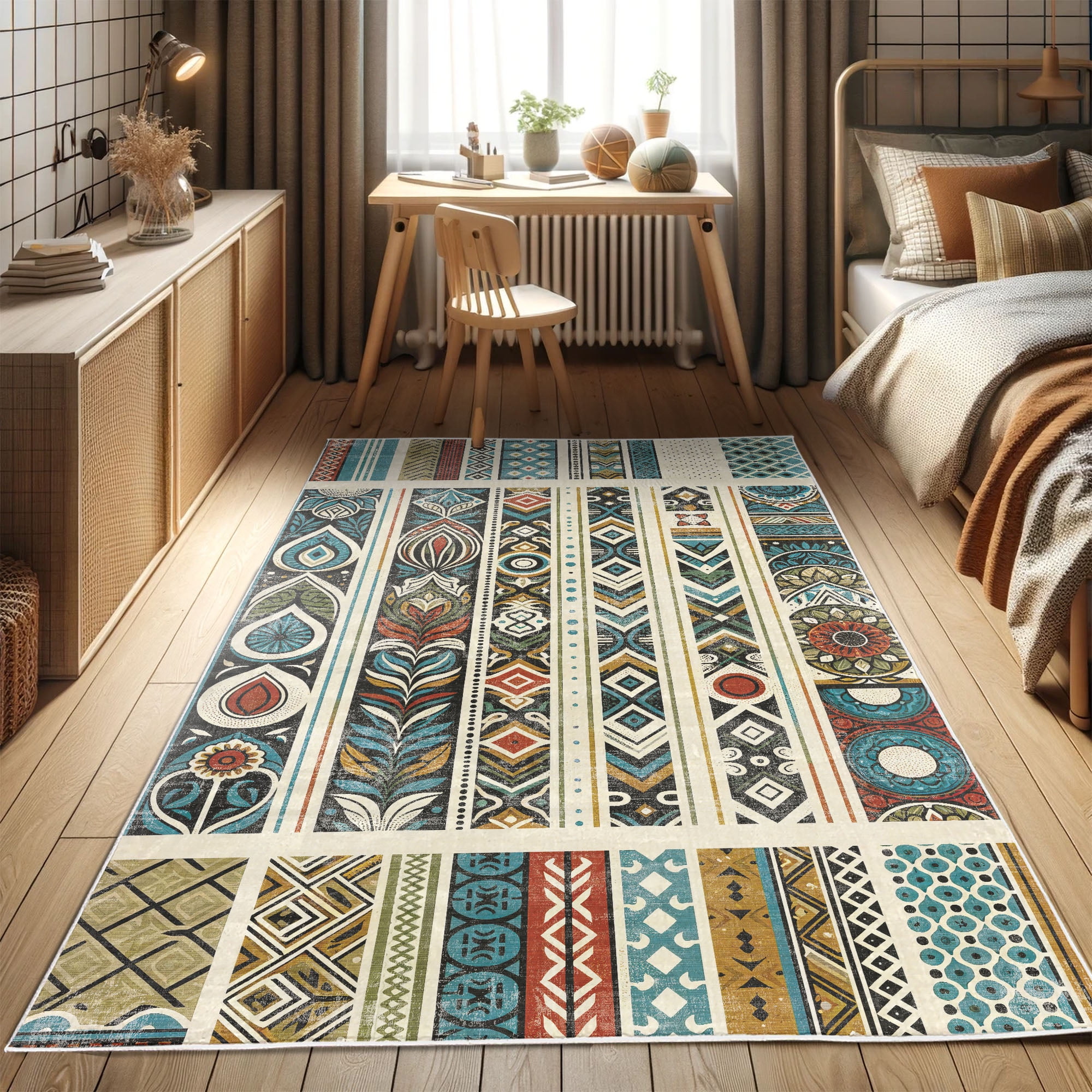 Petrol Blue and Ivory Bohemian Synthetic Area Rug 2'3" x 3'9"