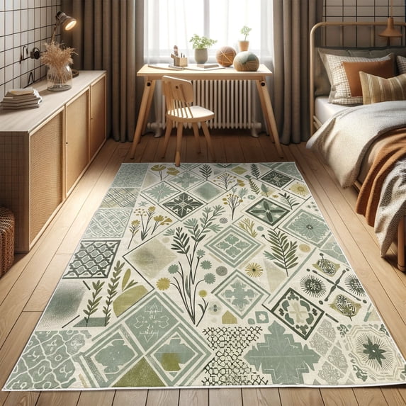 Ambesonne Bohemian Decorative Rug Carpet, Pastel Botanical Tiles, 2' 2" x 3' 7", Laurel Green Fawn