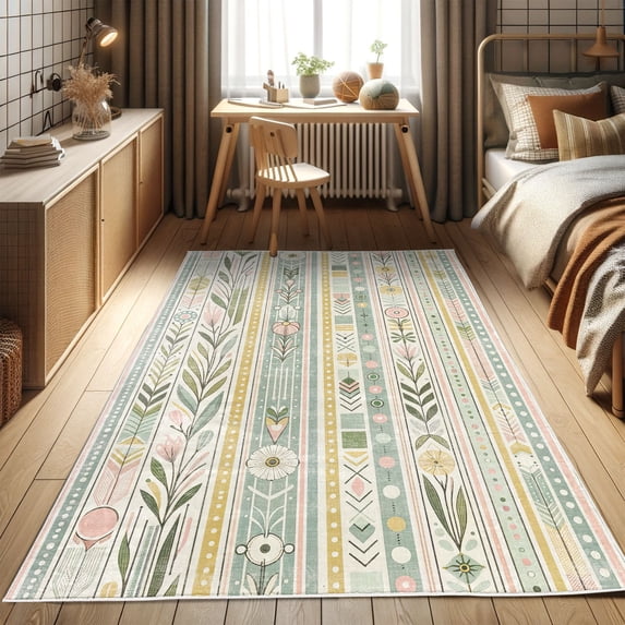Ambesonne Bohemian Decorative Rug Carpet, Pastel Spring Inspo Floral, 2' 5" x 5', Pale Teal Mustard and Rose