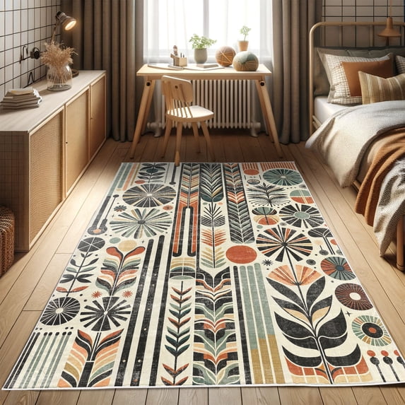 Ambesonne Bohemian Decorative Rug Carpet, Retro Mid Century Abstract, 2' x 5', Dark Orange and Reseda Green