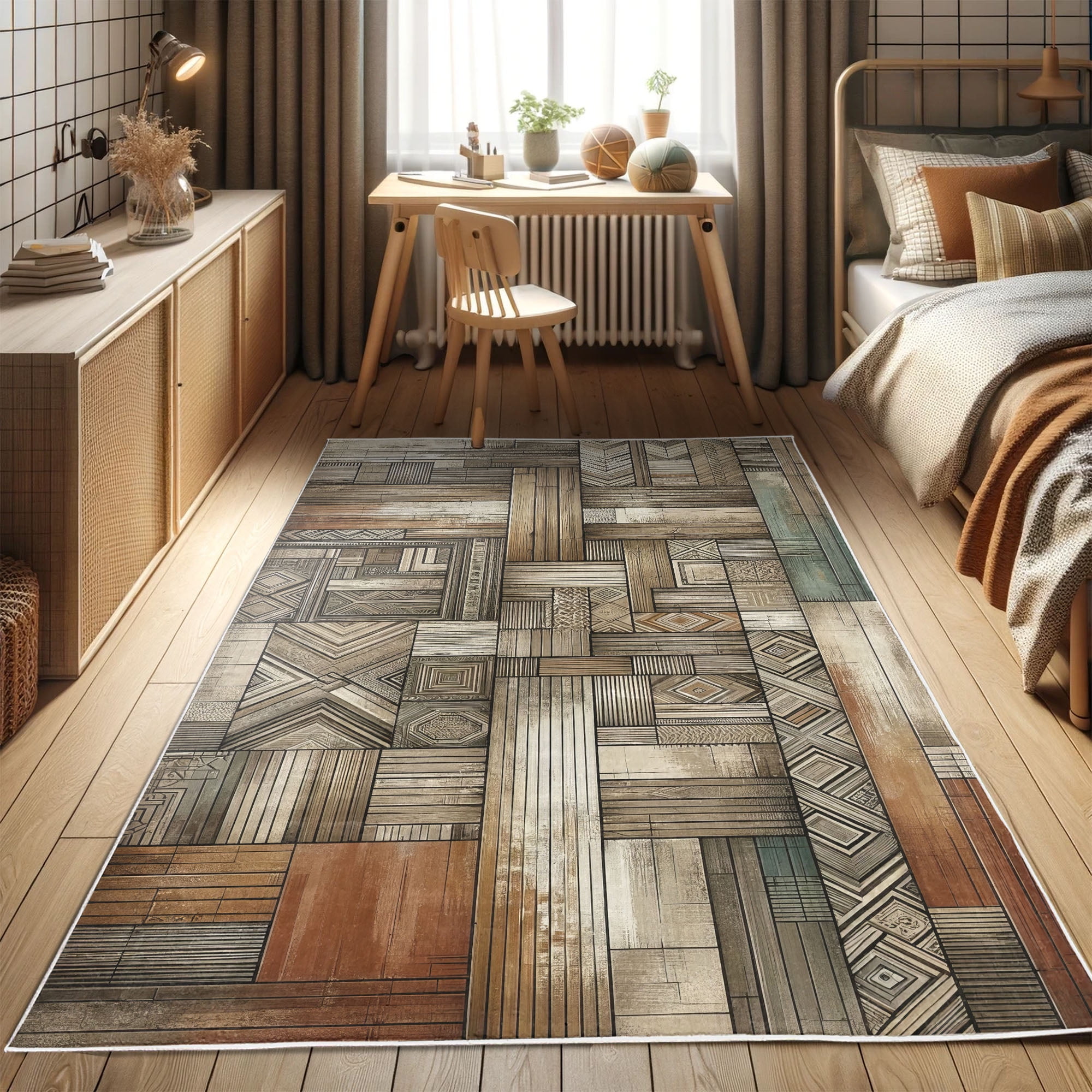 Grey Sepia and Cinnamon Bohemian Geometric Area Rug
