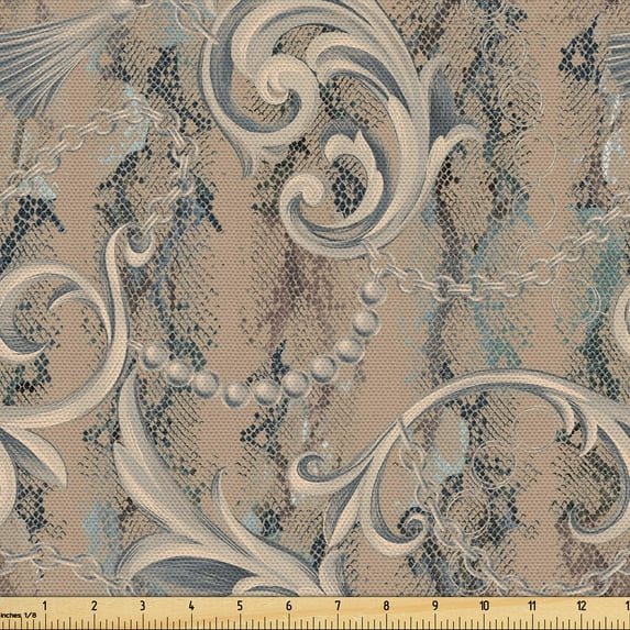 Ambesonne Bohemian Fabric by the Yard Upholstery, Earthy Baroque Snake Vibes, 1 Yard, Pastel Brown Cadet Blue
