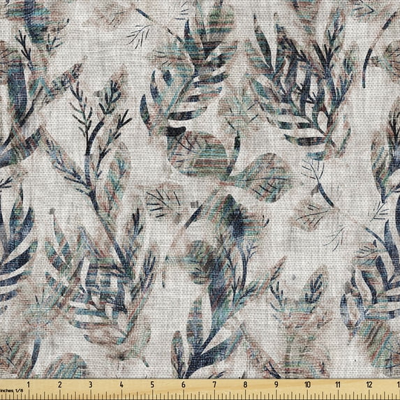 Ambesonne Bohemian Fabric by the Yard, Feather Look Leaves Print, 5 Yards, Warm Taupe Teal and Blue