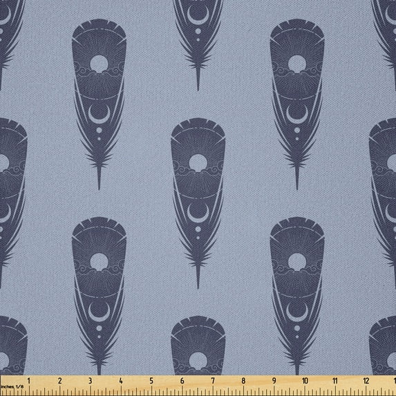 Ambesonne Bohemian Fabric by the Yard Microfiber, Ethnic Feathers Pattern, 2 Yards, Dark Indigo and Pale Grey
