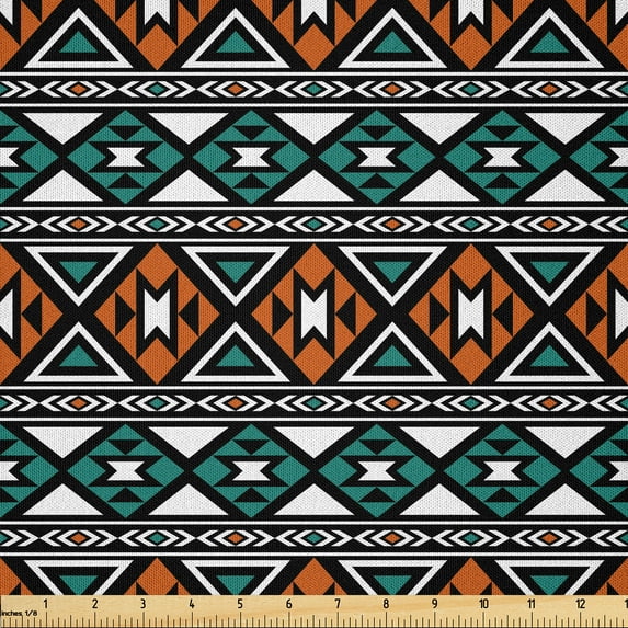 Ambesonne Bohemian Fabric by the Yard Microfiber, Tribal Symbols Triangles, 2 Yards, Paprika Teal White