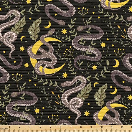 Ambesonne Bohemian Fabric by the Yard, Snake Moon Star Celestial, 1 Yard, Mustard Eggplant and Grey