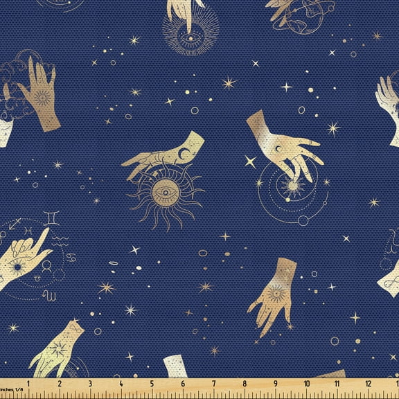 Ambesonne Bohemian Fabric by the Yard Upholstery, Abstract Hands Stars Art, 1 Yard, Indigo Sand Brown