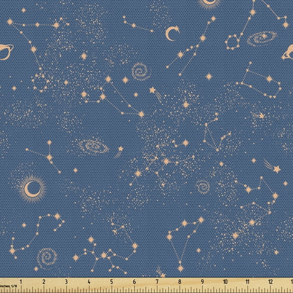 Ambesonne Bohemian Fabric by the Yard Upholstery, Moons Constellation Plot, 1 Yard, Dark Sky Blue and Peach