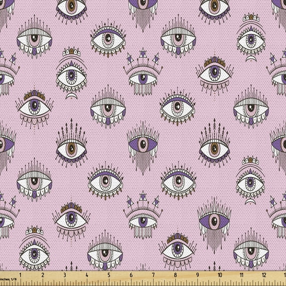 Ambesonne Bohemian Fabric by the Yard Upholstery, Occult Look Eyes Pattern, 10 Yards, Pale Pink and White