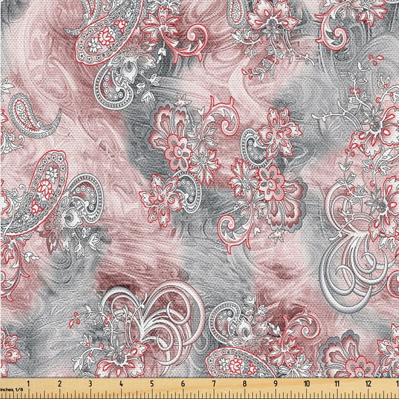 Ambesonne Bohemian Fabric by the Yard Upholstery, Paisley Vermilion Details, 1 Yard, Dried Rose and Dimgray