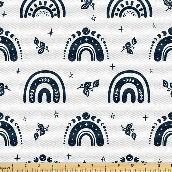 Ambesonne Bohemian Fabric by the Yard Upholstery, Rainbows Stars Leaves Art, 2 Yards, Dark Indigo White