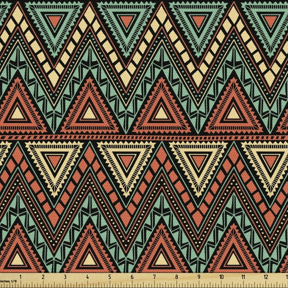 Ambesonne Bohemian Fabric by the Yard Upholstery, Triangles Zigzags, 5 Yards, Burnt Sienna Pale Yellow