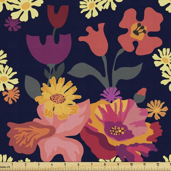 Ambesonne Bohemian Fabric by the Yard Upholstery, Whimsical Floral Vintage, 1 Yard, Dark Salmon and Indigo