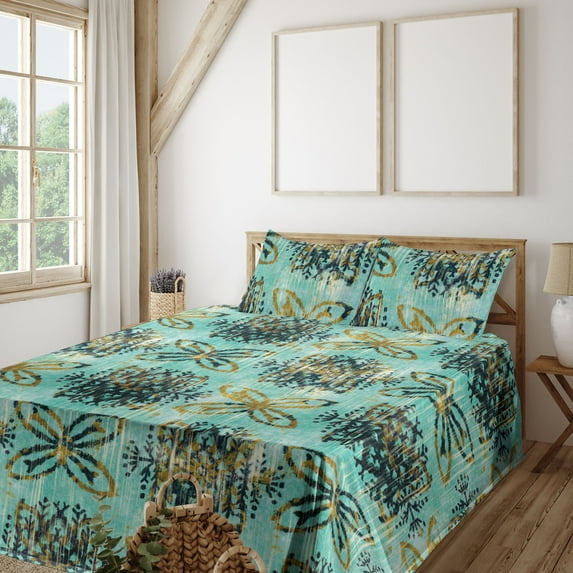 Ambesonne Bohemian Fitted & Flat Sheet with Shams 4 Pcs Set, Boho Art Pattern Ethnic, Queen, Turquoise and Pale Coffee