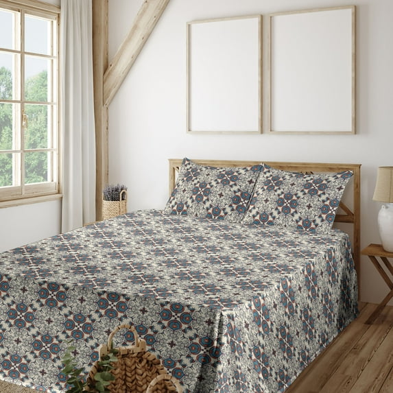 Ambesonne Bohemian Fitted & Flat Sheet with Shams 4 Pcs Set, Folk Ornaments Damask Art, Queen, Sea Blue Orange Ivory