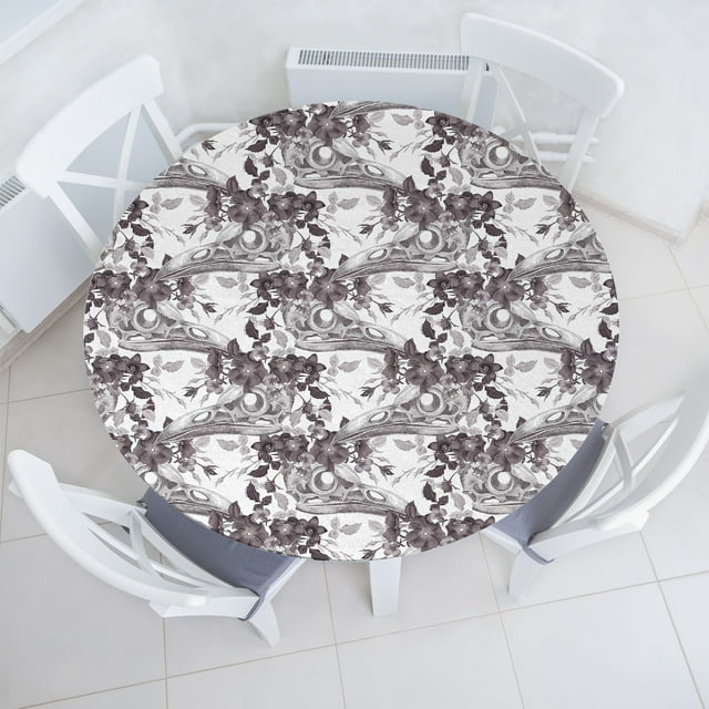 Ambesonne Bohemian Fitted Round Tablecloth, Crow Skull Flowers Gothic, 36"- 40" Diameter, Dark Taupe Grey White