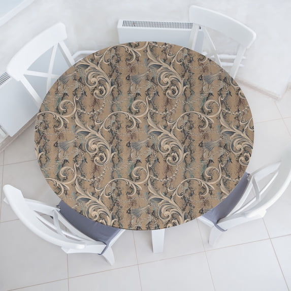 Ambesonne Bohemian Fitted Round Tablecloth, Earthy Baroque Snake Vibes, 45"- 56" Diameter, Pastel Brown Cadet Blue