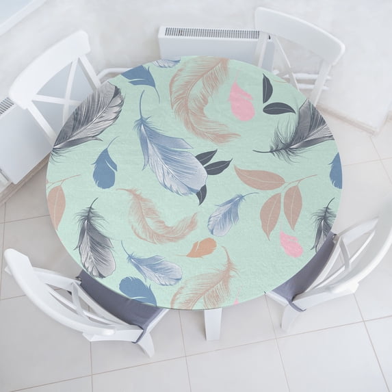Ambesonne Bohemian Fitted Round Tablecloth, Feathers Colorful Plot, 45"- 56" Diameter, Soft Pink Ceil Blue