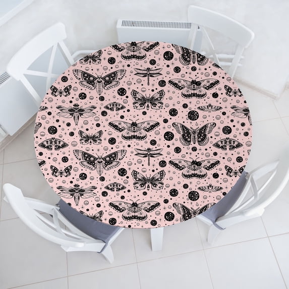 Ambesonne Bohemian Fitted Round Tablecloth, Moths Butterflies Moon Art, 56"- 60" Diameter, Dark Grey and Pale Rose