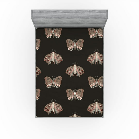 Ambesonne Bohemian Fitted Sheet, American Traditional Moth, Full Size, Cocoa Charcoal Grey and White
