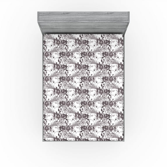 Ambesonne Bohemian Fitted Sheet, Crow Skull Flowers Gothic, King Size, Dark Taupe Grey White