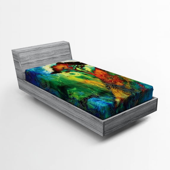 Ambesonne Bohemian Fitted Sheet, Eastern Grunge Trees, Twin XL Size, Multicolor