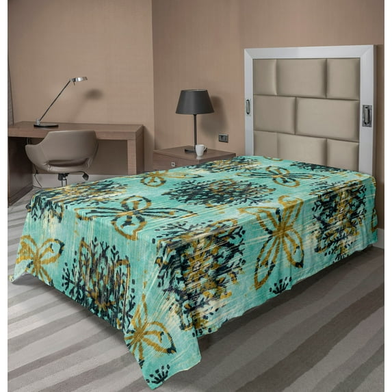 Ambesonne Bohemian Flat Bedding Sheet Soft Top Sheet, Boho Art Pattern Ethnic, Twin XL, Turquoise and Pale Coffee
