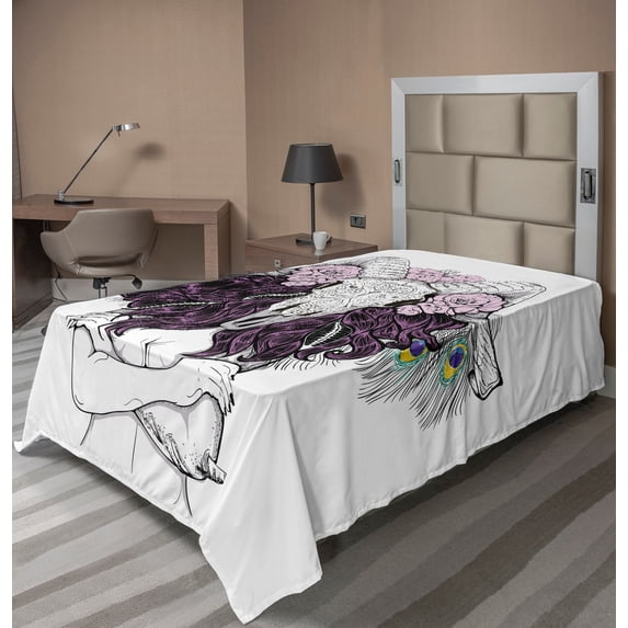 Ambesonne Skull Flat Sheet, Deer Bonehead with Roses Art, Twin Size, Multicolor
