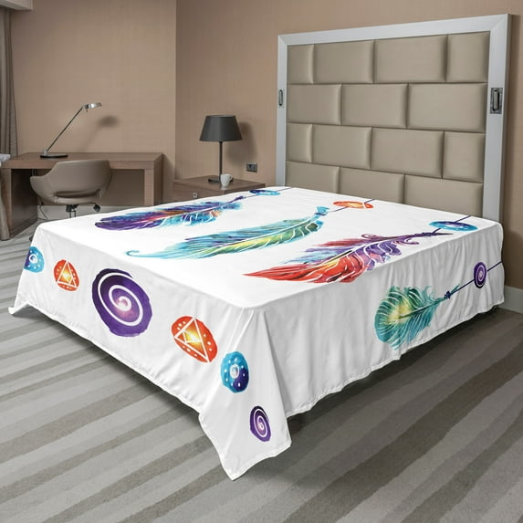 Ambesonne Bohemian Flat Sheet, Feather Hippie, Full Size, Multicolor