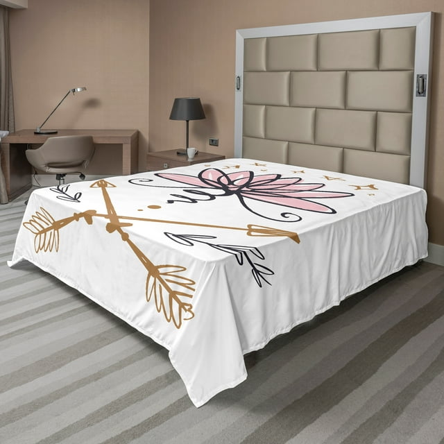 Ambesonne Bohemian Flat Sheet, Lotus and Arrows Sketch, Full Size, Rose