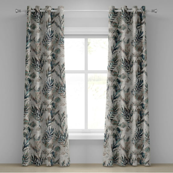 Ambesonne Bohemian Grommet Curtain, Feather Look Leaves Print, 50"x84", Warm Taupe Teal and Blue