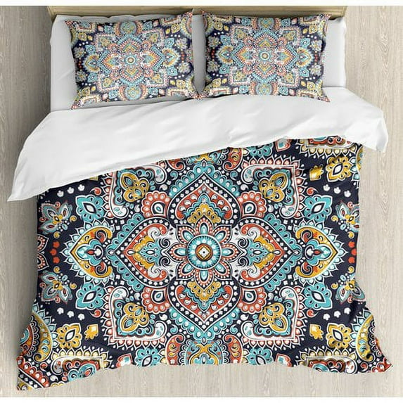 Ambesonne Bohemian Indian Ethnic Vintage Henna Inspired Boho Mehndi Art Marigold Duvet Cover Set