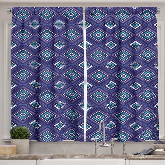 Ambesonne Bohemian Kitchen Curtains, Aztec Geometric Triangles, 55"x30", Royal Blue Lavender and White