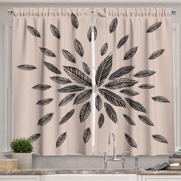 Ambesonne Bohemian Kitchen Curtains, Boho Art Feathers Bloom, 55"x24", Charcoal Grey Warm Taupe
