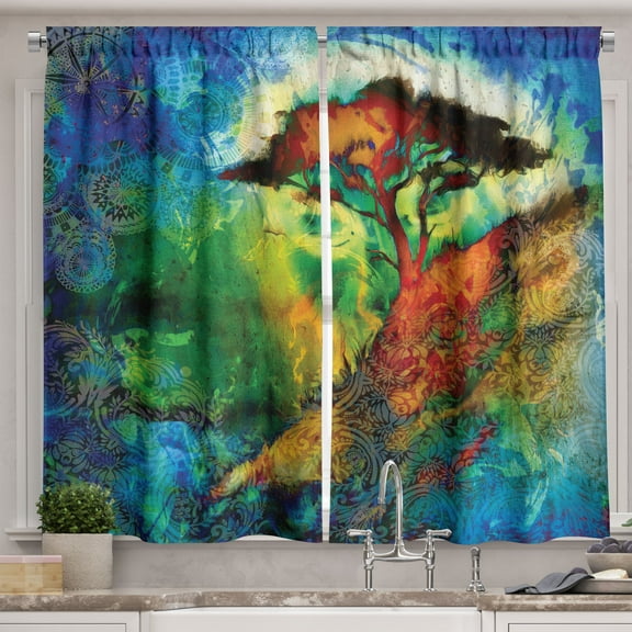 Ambesonne Bohemian Kitchen Curtains, Eastern Grunge Trees, 55"x39", Multicolor