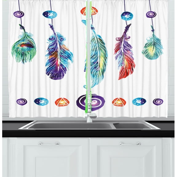 Ambesonne Bohemian Kitchen Curtains, Feather Hippie, 55"x45", Multicolor