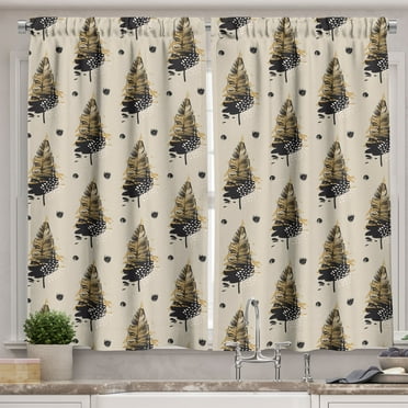 Ambesonne Bohemian Kitchen Curtains, Grunge Feathers Retro Art, 55"x24", Eggshell Dark Grey